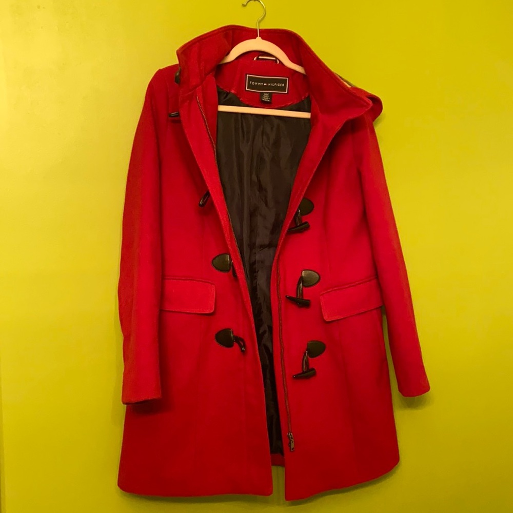 Tommy Hilfiger Red Long Coat - Size Medium with Hood